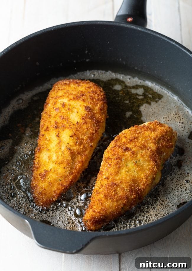 Effortless Golden Chicken Kiev 10 A large, heavy-bottomed pan with shimmering hot oil, perfectly heated and ready for frying the Chicken Kiev to a golden crisp.
