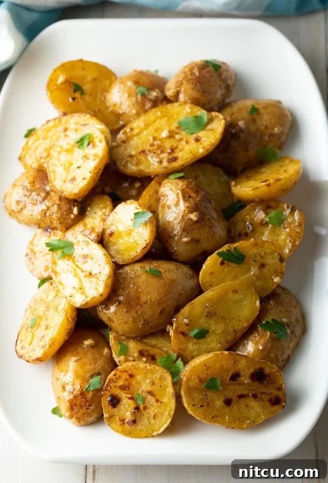 Zesty Greek Lemon Garlic Potatoes 11 Baby greek potatoes with lemon, garlic, and parsley resting on a white platter.