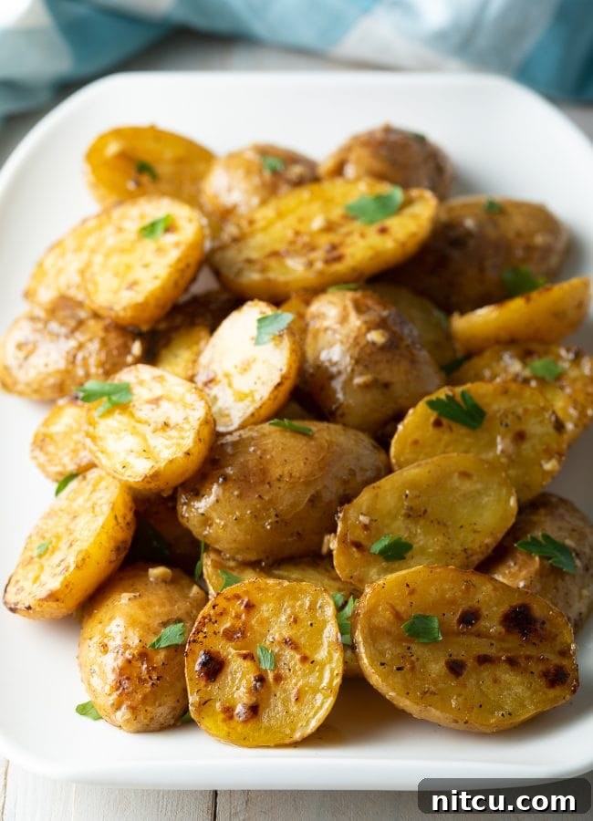 Zesty Greek Lemon Garlic Potatoes 4 Lemon garlic roasted greek potatoes close up with parsley garnish on a white plate.