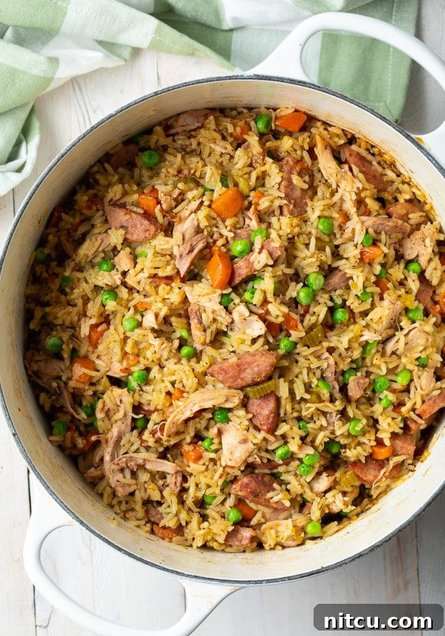 Classic Carolina Chicken Bog 9 chicken rice pilaf overhead shot in white pot