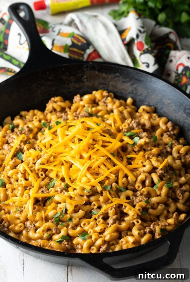 Homemade Cheeseburger Macaroni Helper A golden skillet filled with creamy, cheesy homemade cheeseburger macaroni, topped with fresh parsley, ready to serve.