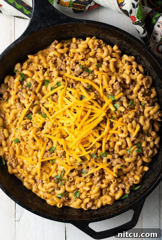 Homemade Hamburger Helper in a Skillet Top-down view of a cast iron skillet brimming with freshly made homemade hamburger helper, showcasing its rich, creamy texture.