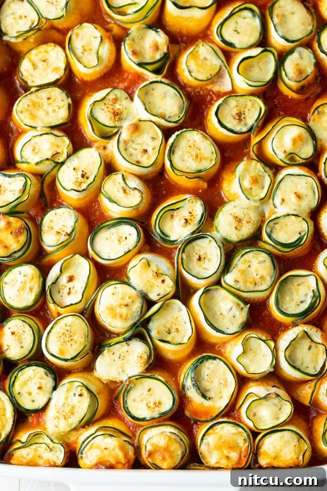 Overhead shot of keto lasagna roll ups simmering in a rich marinara sauce. 