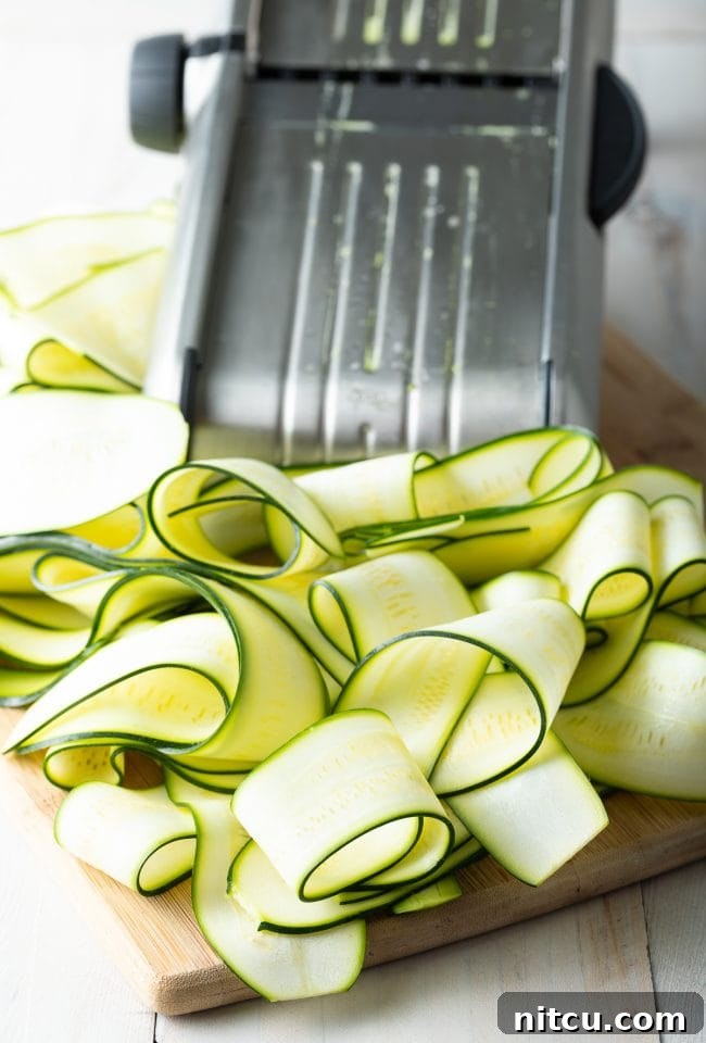 Thin slices of zucchini ready for prep, next to a mandoline slicer for illustration. 
