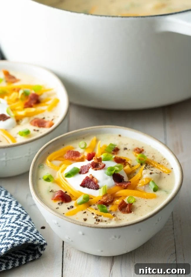 A beautifully presented bowl of easy potato soup, generously topped with fresh sour cream, golden shredded cheese, crispy bacon bits, and vibrant green scallions, ready to be enjoyed.