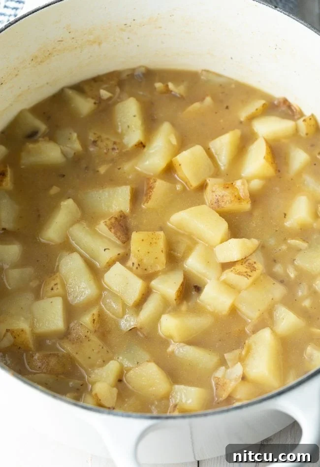 Roughly chopped russet potatoes submerged in rich chicken broth within a large, sturdy Dutch oven, ready to simmer to tender perfection.