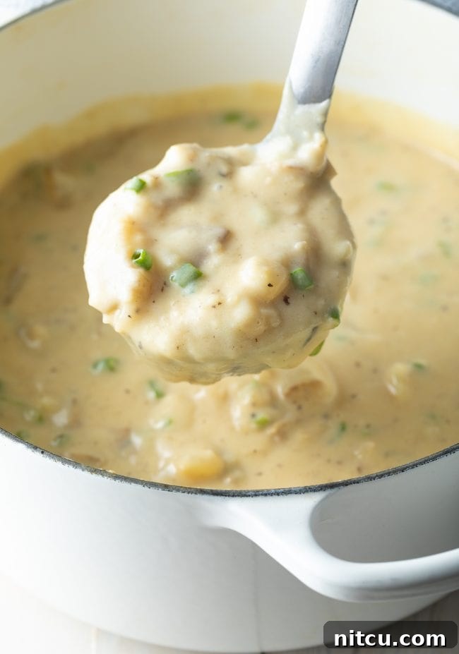 A ladle gently scoops a generous portion of creamy loaded potato soup from a pristine white pot, showcasing its rich texture and hearty ingredients.