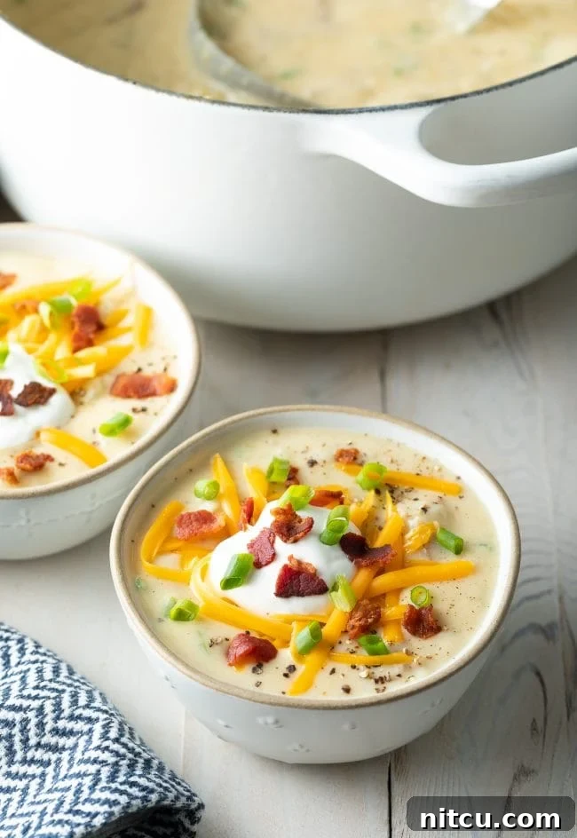 A meticulously garnished bowl of baked potato soup, adorned with all the classic toppings including cheese, bacon, sour cream, and green onions, presented beautifully for a satisfying meal.