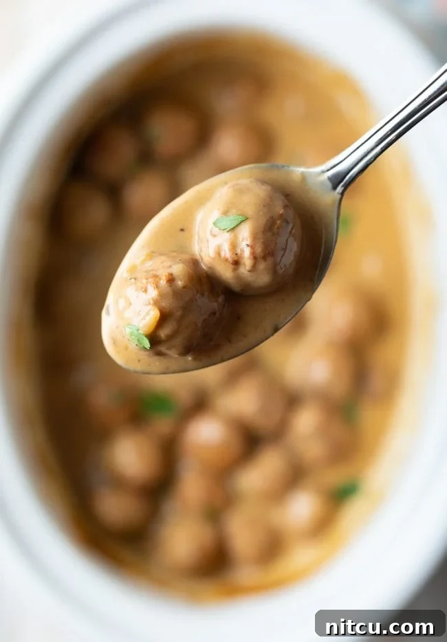 Effortless Slow Cooker Swedish Meatballs 4 Instant Pot Swedish Meatballs being lifted out of the pot with a serving spoon, showcasing the rich, creamy sauce clinging to each meatball.