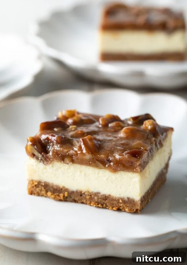Pecan Praline Cheesecake Delight 2 A slice of Pecan Pie Cheesecake bar on a white plate, showcasing the three distinct layers: graham cracker crust, creamy cheesecake, and rich pecan topping.