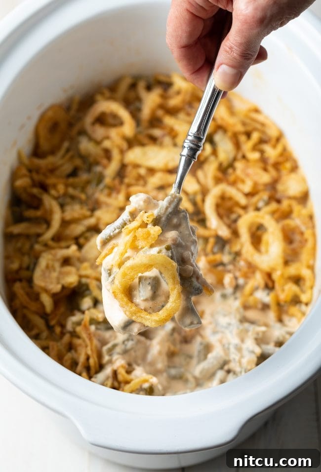 Ultimate Cream Cheese Slow Cooker Green Bean Casserole 8 Crispy fried onions, golden brown and crunchy, ready to top a delicious Green Bean Casserole.