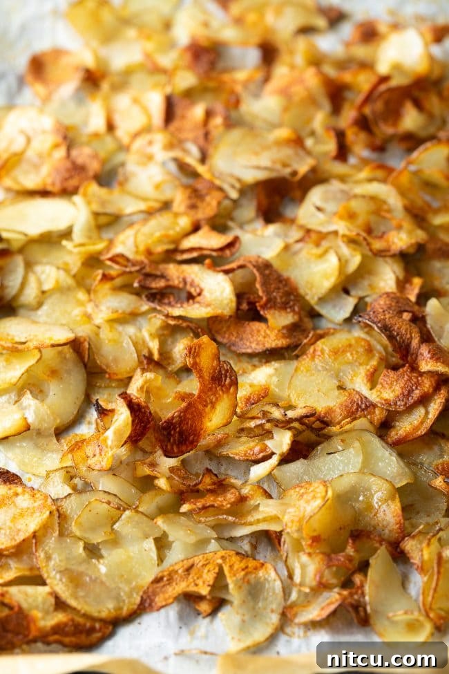 Oven roasted potato ribbons on a baking sheet.