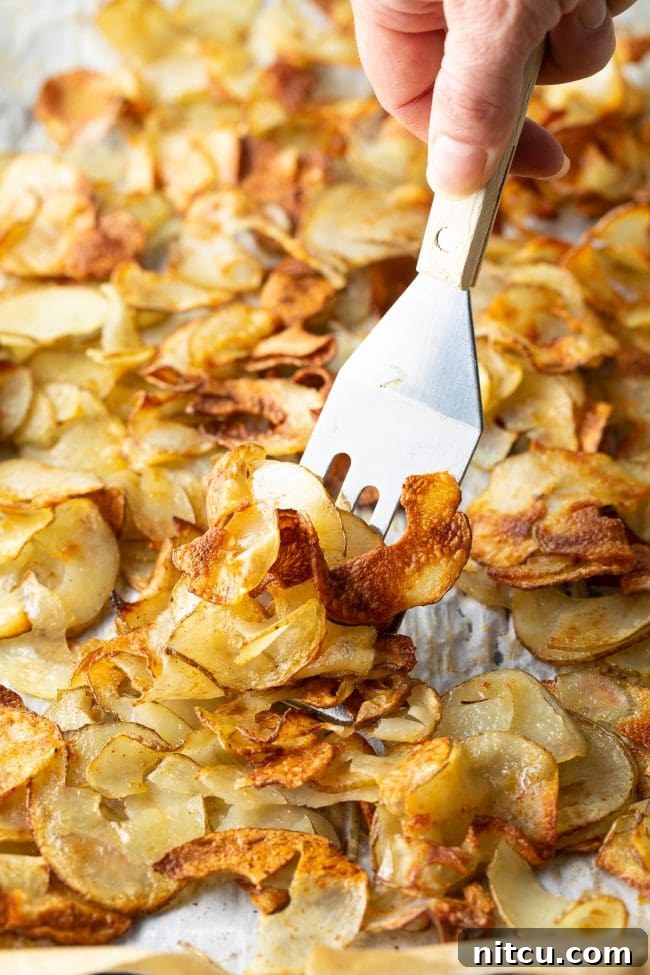 Using a small metal spatula to scoop up a serving of crunchy thin potato pieces.