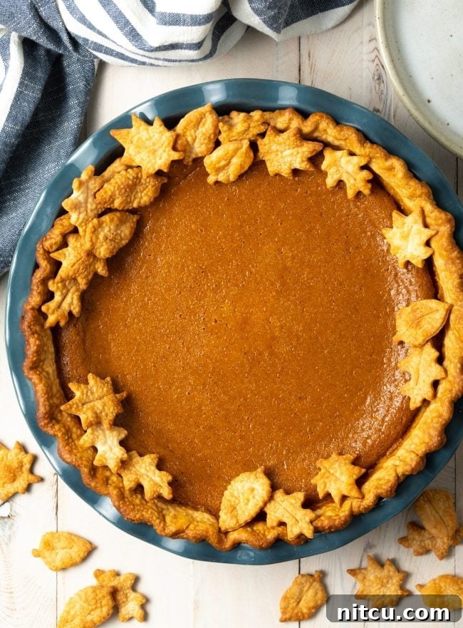 Libbys Classic Pumpkin Pie 3 Overhead shot of pumpkin pie with leaf decorations made out of pie crust.