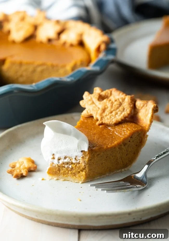 Libbys Classic Pumpkin Pie 12 Slice of Libbys pumpkin pie on a plate with a bite missing.