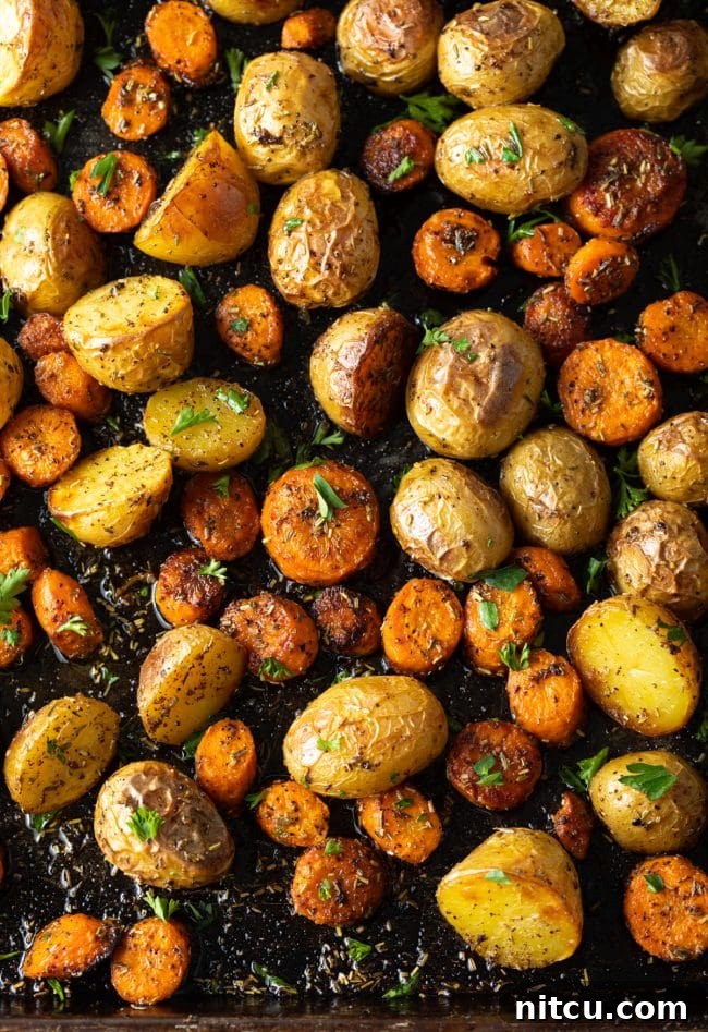 overhead of roasted carrots with potatoes and fresh herbs on a baking sheet