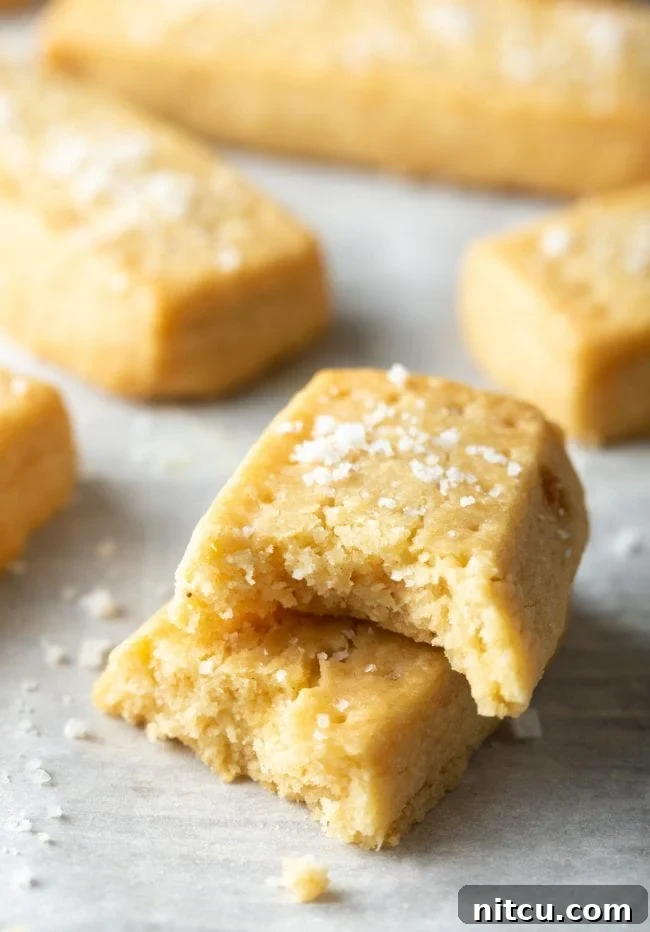 Buttery Scottish Shortbread Delight 4 Scottish shortbread cookies stacked on top of each other with one piece missing a bite.