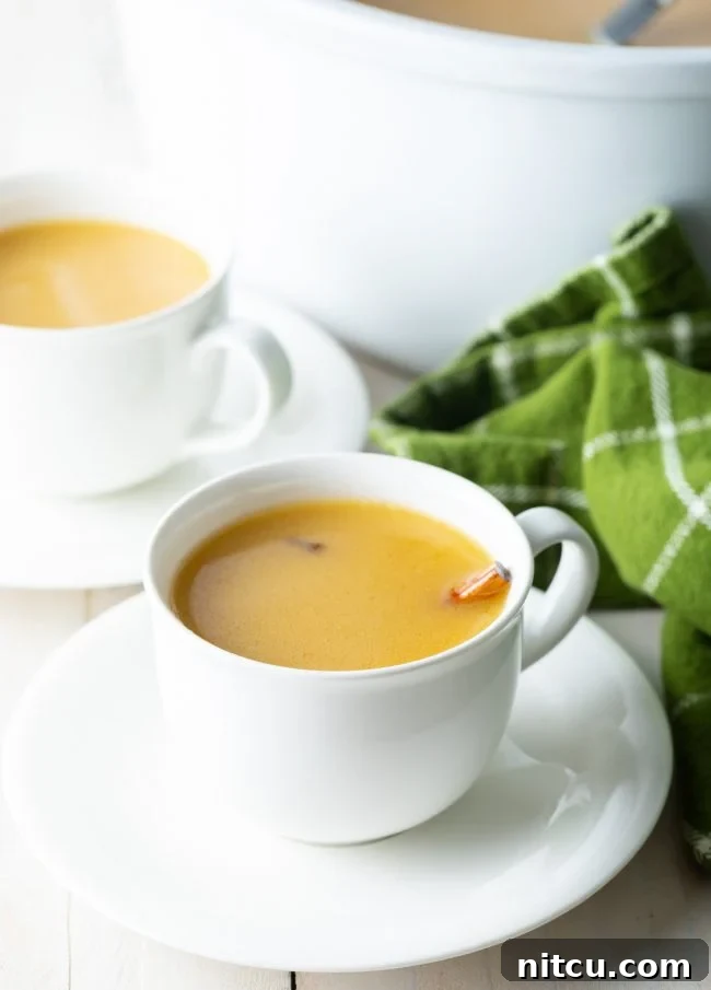 Two mugs of deliciously rich Hot Buttered Rum, garnished with cinnamon