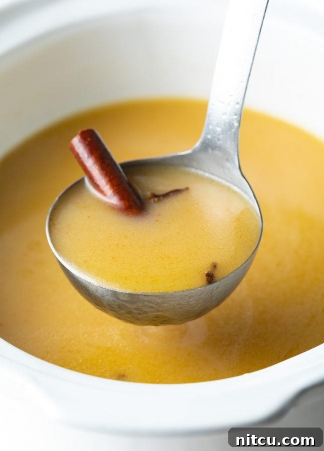A ladle serving Hot Buttered Rum from a slow cooker