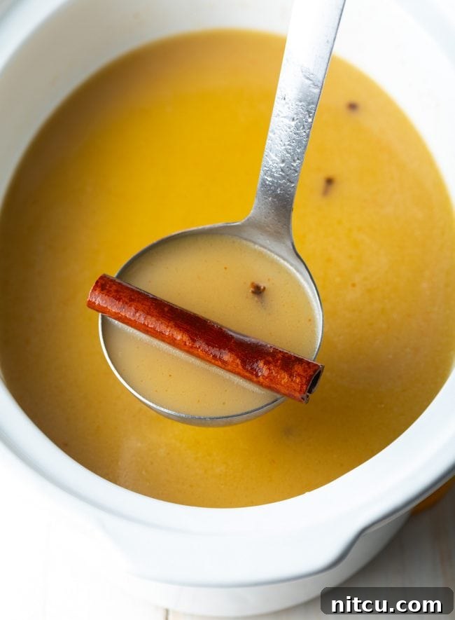 A ladle full of hot buttered rum (crock pot) being poured, with a stick of cinnamon