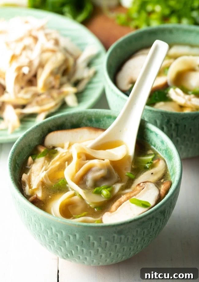 Ultimate Wor Wonton Soup 2 A vibrant bowl of Wor Wonton Soup filled with plump wontons, chicken, mushrooms, bok choy, and scallions.