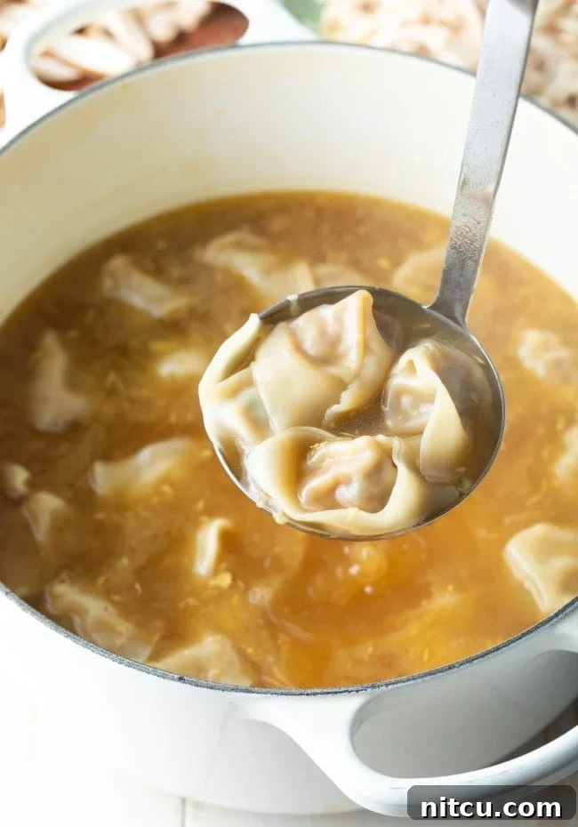 Ultimate Wor Wonton Soup 13 A close-up of simmering wonton noodle soup, with a spoon lifting a perfectly cooked wonton from the pot.