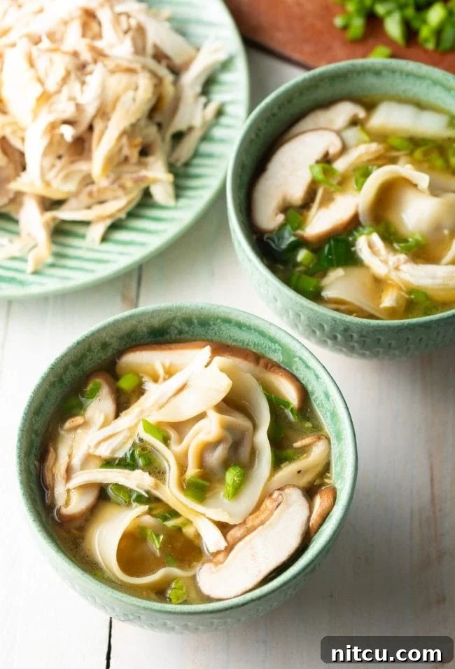 Ultimate Wor Wonton Soup 3 Close-up of Wor Wonton Soup featuring tender chicken pieces, shiitake mushrooms, green scallions, and fresh herbs in a rich broth.