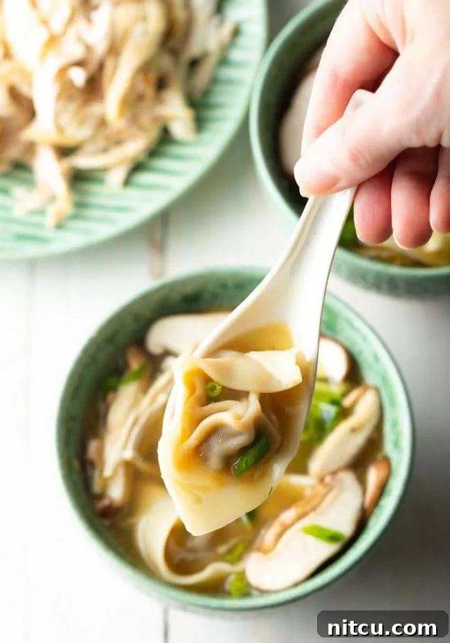 Ultimate Wor Wonton Soup 4 A wonton being lifted from a spoon, showcasing the delicate wrapper and savory filling, with Wor Wonton Soup in the background.