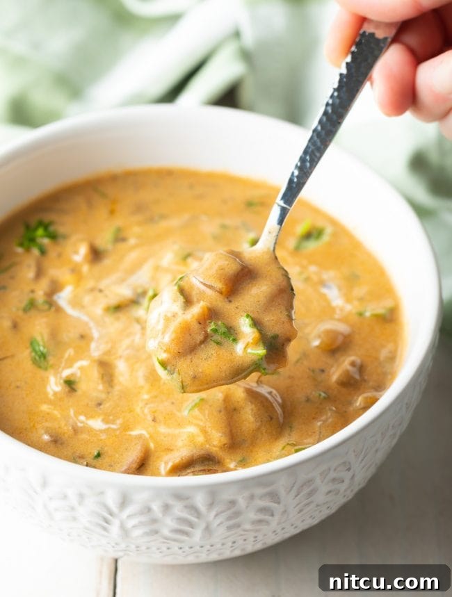 Classic Hungarian Mushroom Soup Made Vegan and Gluten Free 12 A spoon scooping up vegan and gluten-free cream of mushroom soup from a bowl.