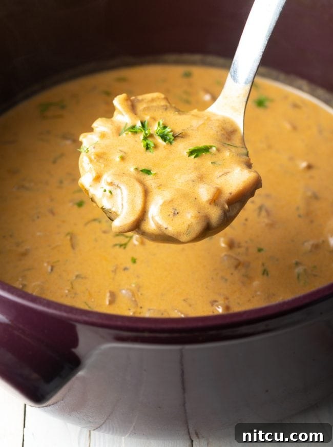 Classic Hungarian Mushroom Soup Made Vegan and Gluten Free 3 Creamy vegan mushroom soup being ladled from a large pot, showcasing its rich texture.