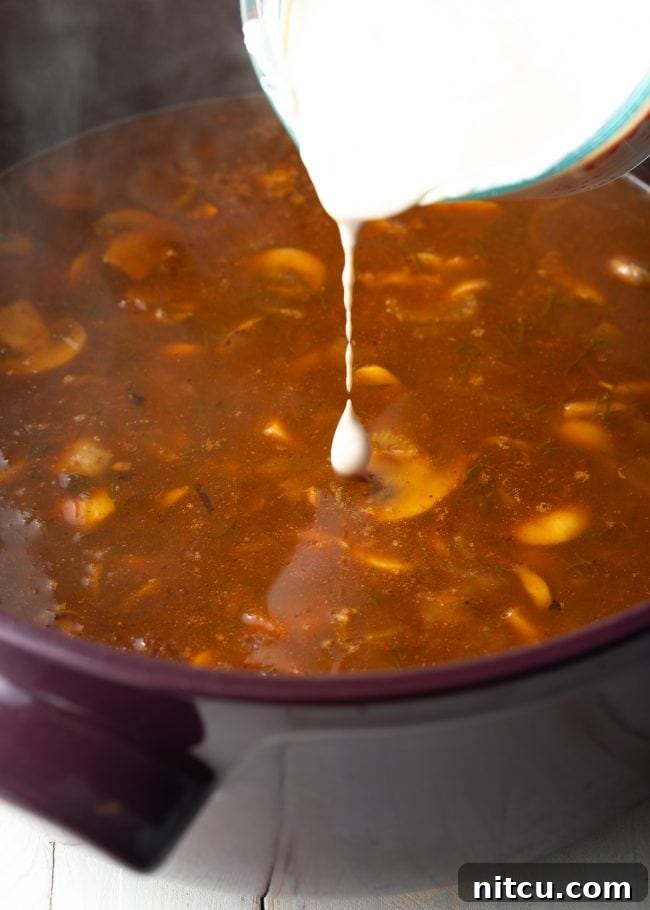 Classic Hungarian Mushroom Soup Made Vegan and Gluten Free 9 A serving of creamy, rich vegan mushroom soup, ready to be enjoyed.