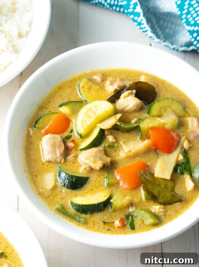 Effortless Instant Pot Thai Green Curry 11 A pristine white bowl generously filled with creamy Instant Pot Green Curry, invitingly presented.