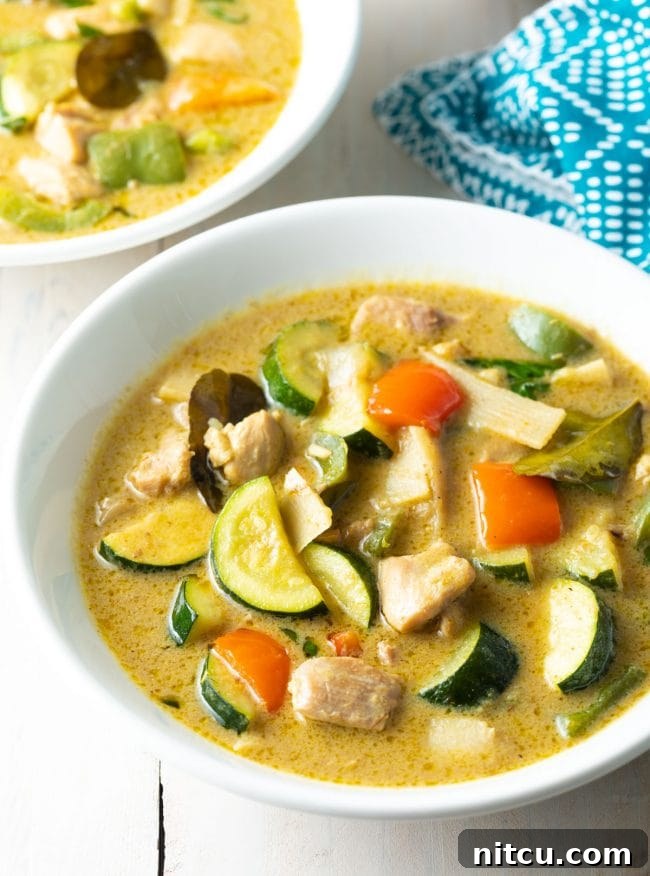 Effortless Instant Pot Thai Green Curry 12 A close-up view of the rich and creamy texture of Instant Pot Green Curry, garnished with fresh herbs.