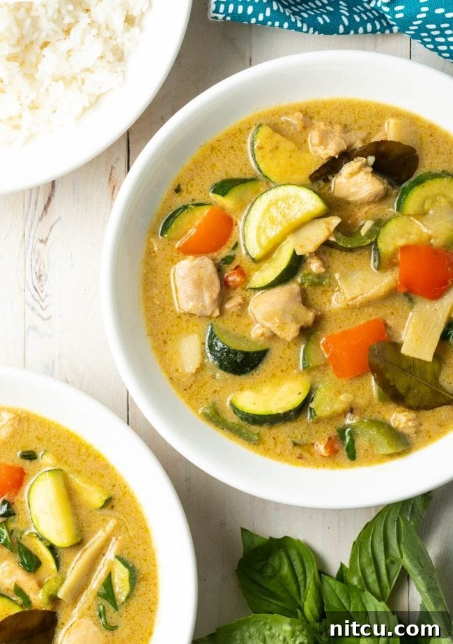 Effortless Instant Pot Thai Green Curry 4 A beautifully arranged serving of Instant Pot Green Curry in a white bowl, garnished with fresh herbs, viewed from above.