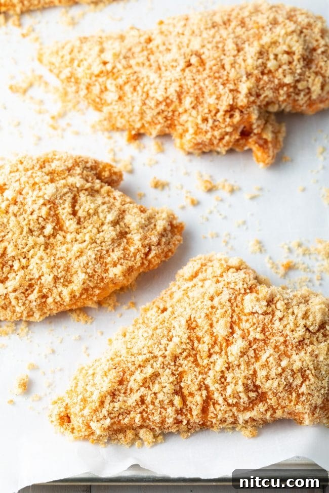 Baking sheet filled with raw buffalo chicken breasts, coated in panko crust and ready for the oven.