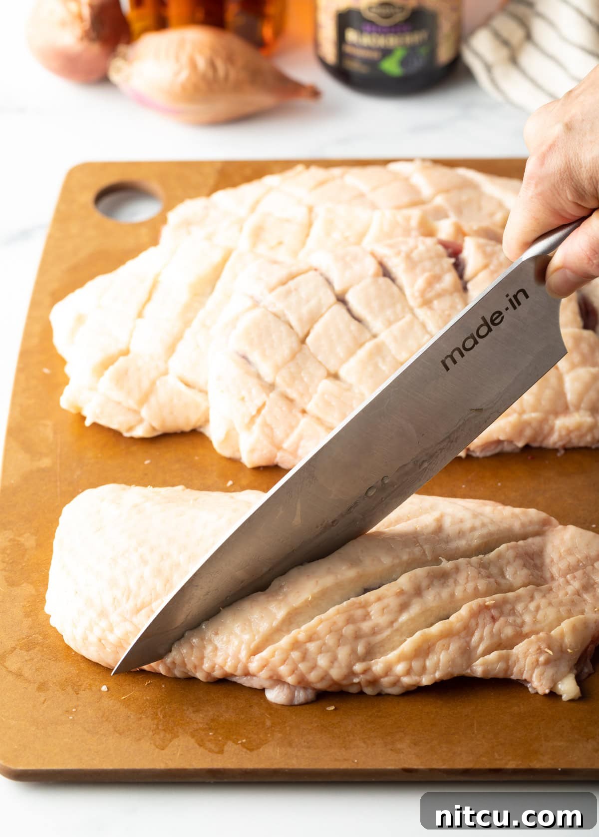 scoring duck fat on an angle