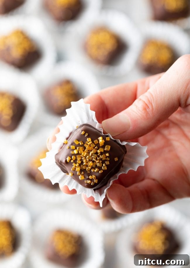 Hand holding a small chocolate cake with elegant gold sprinkles on top.