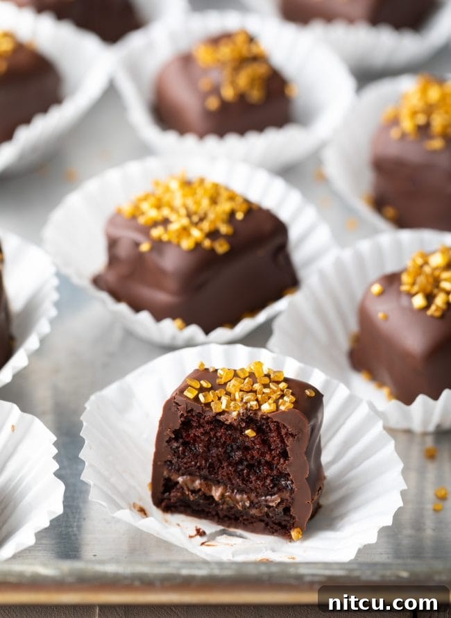 Chocolate petit fours recipe cut in half to show the rich chocolate cake and smooth Nutella layer inside.