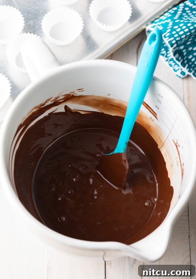 Smooth, melted chocolate ganache in a mixing bowl with a rubber spatula, ready for dipping.
