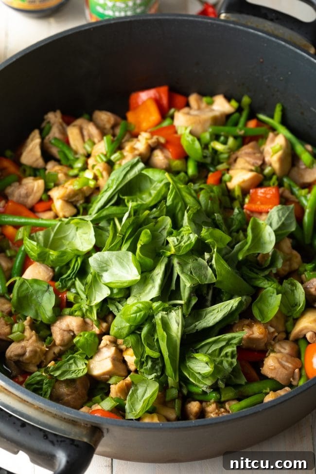 Adding fresh Thai basil leaves to the pan with the stir-fried chicken and vegetables.