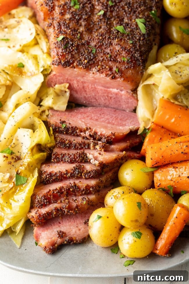 Close up of oven baked corned beef and cabbage on a platter.