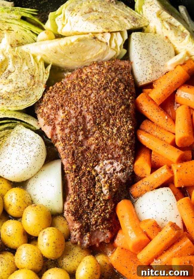 Vegetables placed around the corned beef before roasting. 