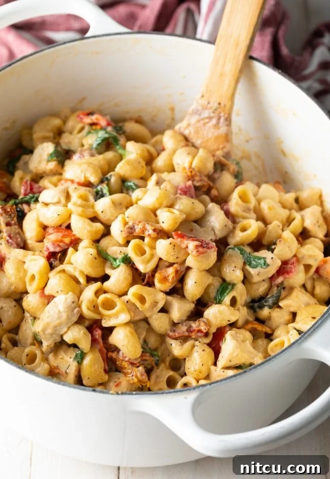 Luscious Tuscan Chicken Pasta 3 Creamy Chicken Tuscan Pasta - White pot of creamy macaroni noodles with chicken, sun dried tomatoes, and spinach.
