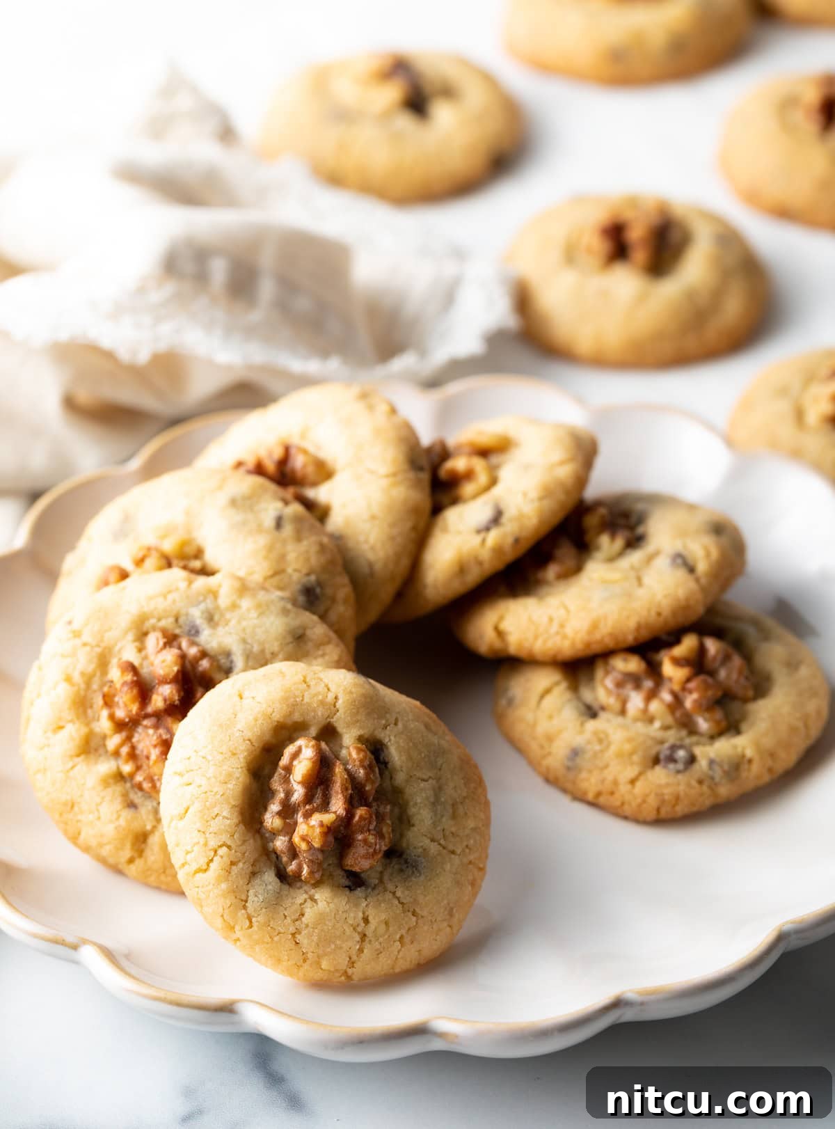 Chocolate chip walnut cookies lined up in a circle on a white plate.