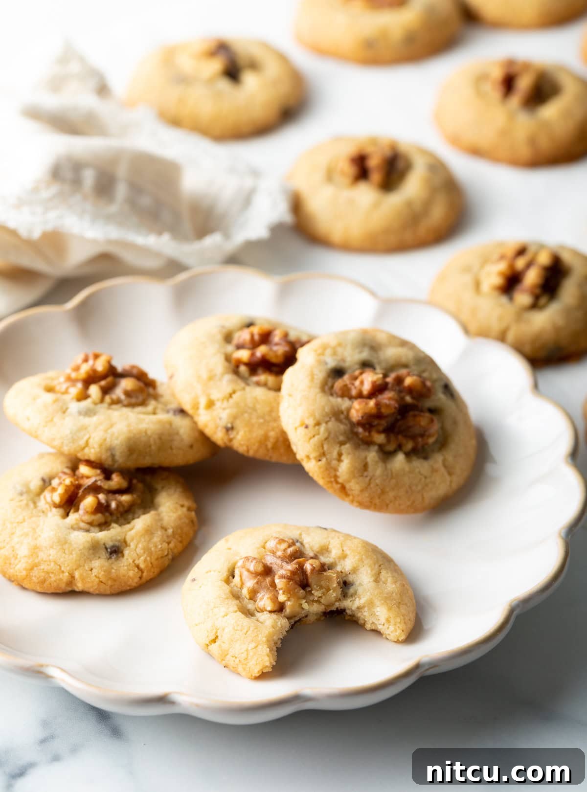 Chocolate chip walnut cookies stacked in a semi-circle on a white plate, with one cookie that has a bite taken out of it.