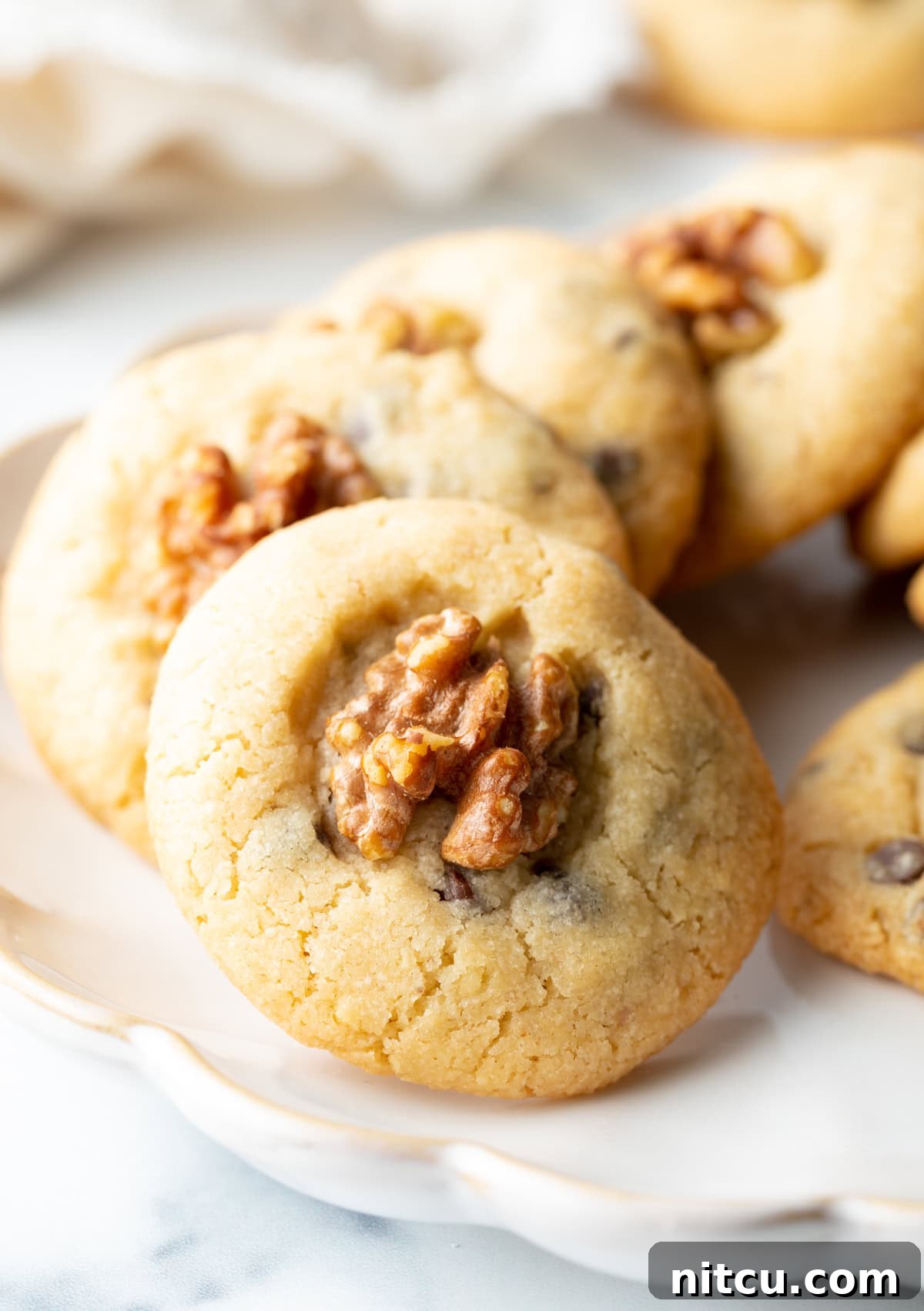A close-up shot of walnut and chocolate chip cookies stacked horizontally on a white plate.