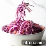 Crimson Cabbage Crunch 11 A fork is holding a bite of red cabbage slaw above a bowl of the cabbage slaw recipe.