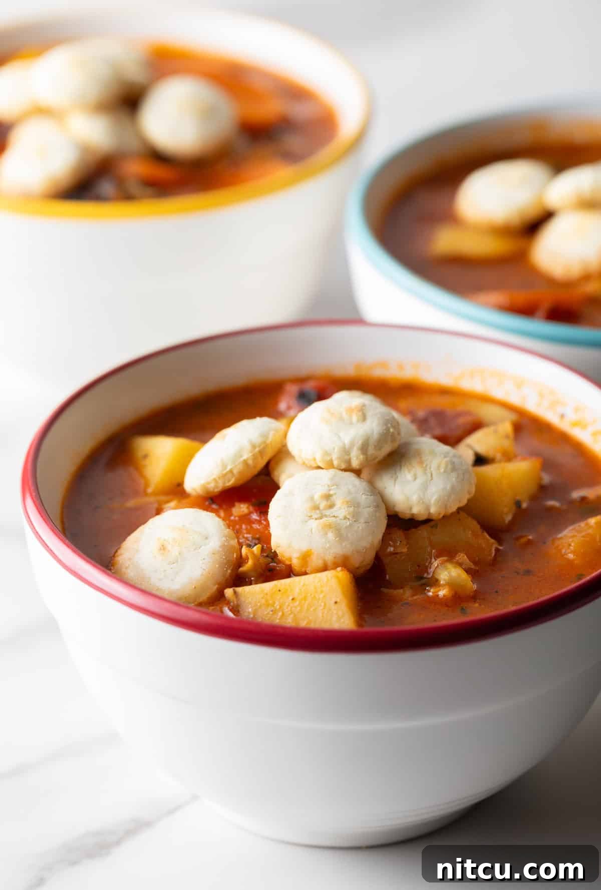A side view of a bowl filled with Manhattan-style clam chowder topped with oyster crackers.